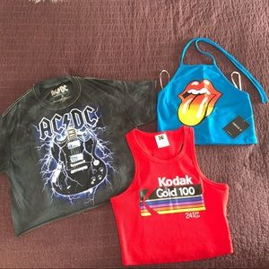 3 graphic shirts, different cuts.